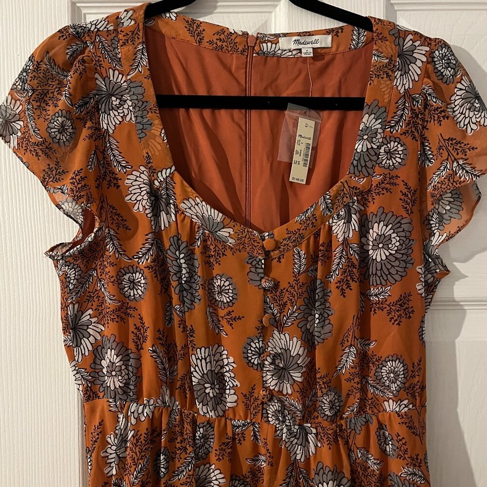 Madewell Sheer-Sleeve Button-Front Floral Midi Dress Size 8 NWT